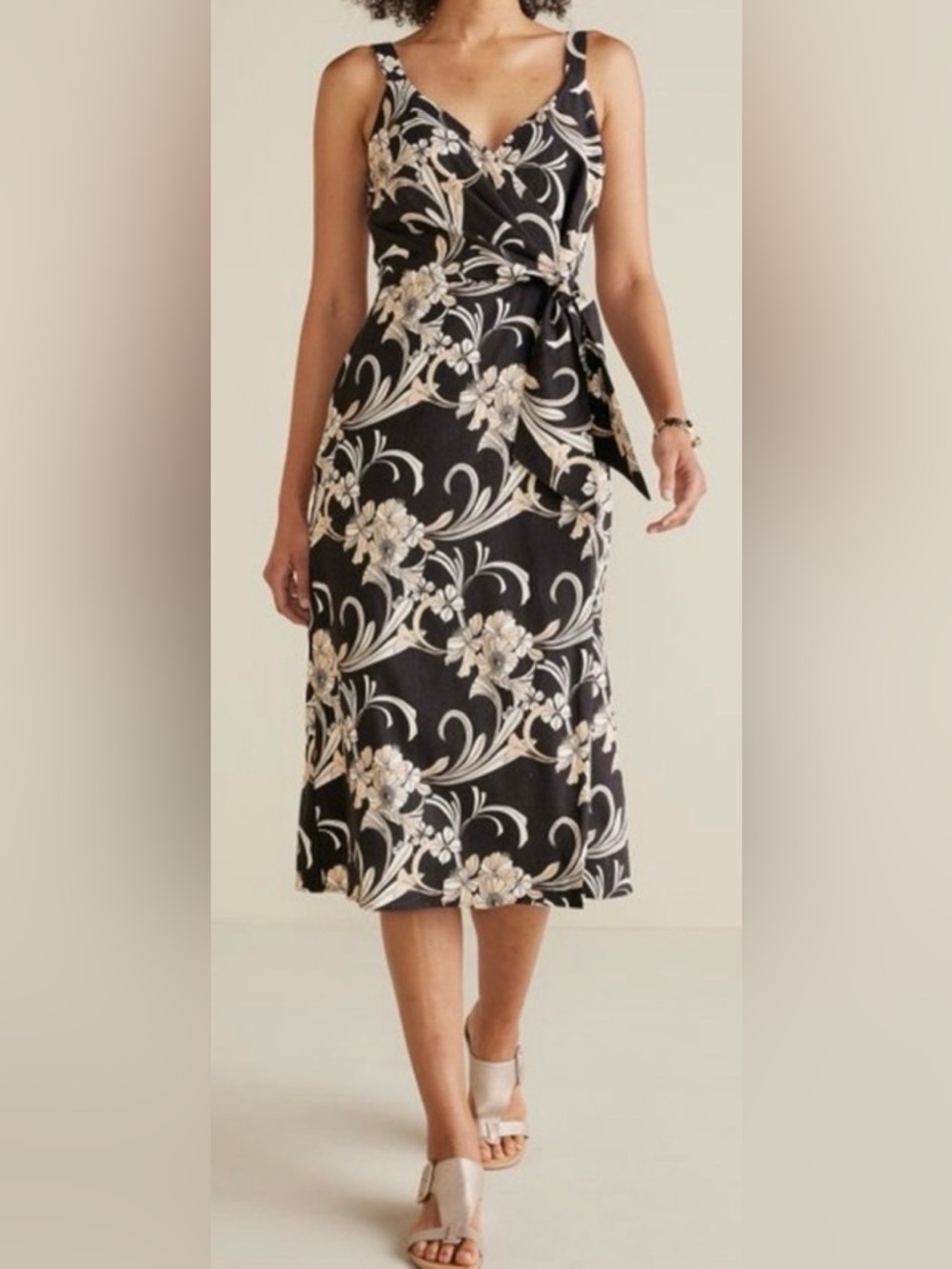 SOFT SURROUNDINGS 1X Black Floral V-Neck Tie-Waist Midi Dress Isla Linen Stretch